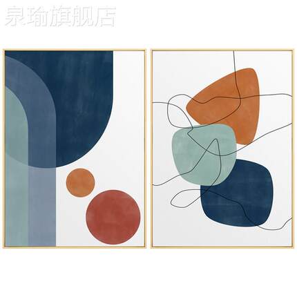 网红漫游北欧客蓝厅装色饰画沙发景背墙挂抽画小清新象几何块橙色