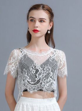 网纱上衣无袖遮手臂神器夏季蕾丝罩衫内搭女高级感半截打底衫短款