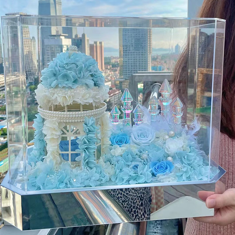 圣诞节礼物永生花碎冰蓝水晶城堡表白求婚纪念送女友闺蜜生日礼物