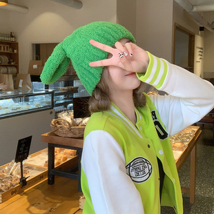 日系in呆萌兔儿针织帽子女秋冬保暖护耳毛绒可爱绿色包头帽毛线帽