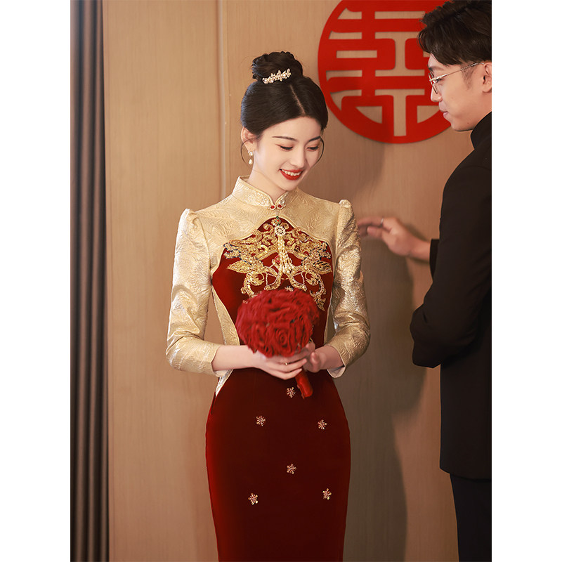 速发新中式婚袍订婚礼服出娘宴长袖红色敬酒服2025新款新阁秀禾服