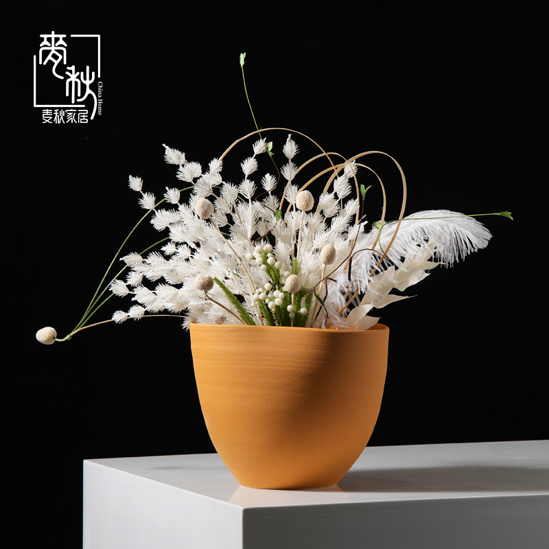 速发简约黄色房瓷大花盆插花干花样板陶花瓶酒店家居软装摆件
