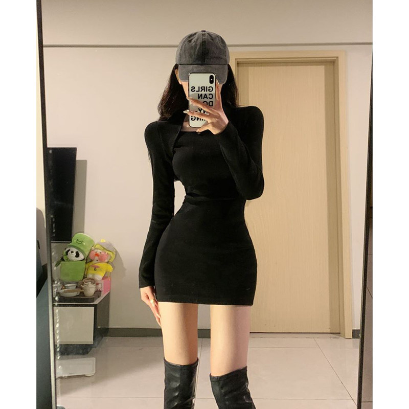 速发春秋内搭连衣裙黑色短织小妈包臀裙配大衣紧身打底春季套装裙