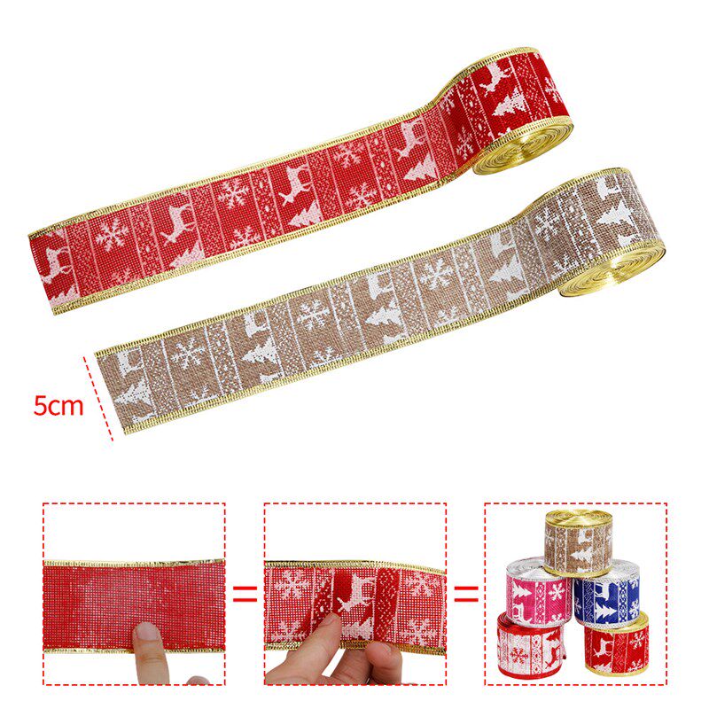 速发100码5CM圣款丝带卷跨花新诞圣诞节装饰品印境圣诞树小鹿仿麻