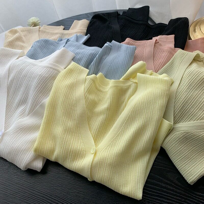 速发长袖防晒调织开衫新季夏款纯色短款空针外搭薄款上衣潮