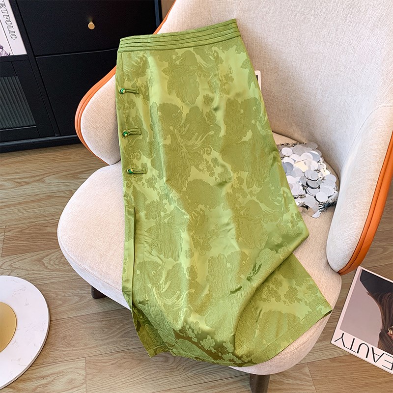 速发国风提花醋酸半身裙盘秋新中式春扣包中裙小个子高腰开叉臀长