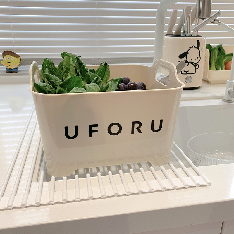 速发简约洗菜篮奶黄菜蔬色水果筐大容量塑提带沥水篮子浴室收纳盒