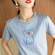 新款 可批速发现货100%纯棉夏季 宽松猫咪刺绣 丝光棉T恤女圆领短袖