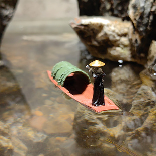 速發魚缸造景小擺件下水漂浮烏篷船z假山微景觀水陸缸庭院盆景書