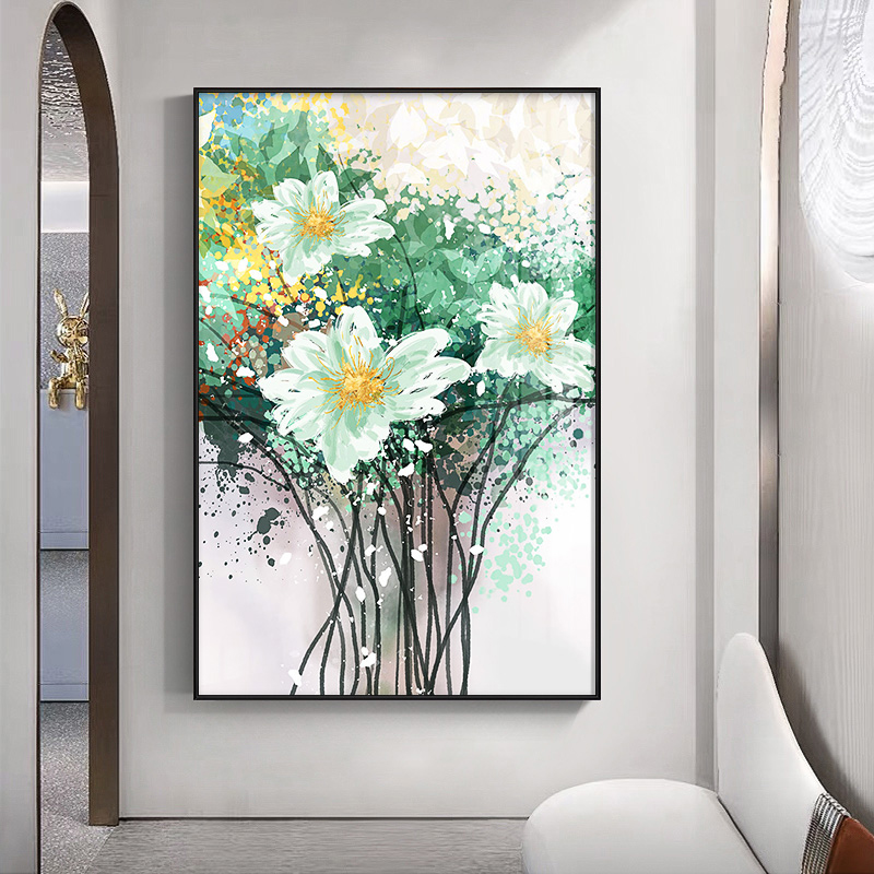 现货速发轻奢白牡丹玄关装饰画走廊过道海棠晶瓷壁画卧室餐厅花卉图片