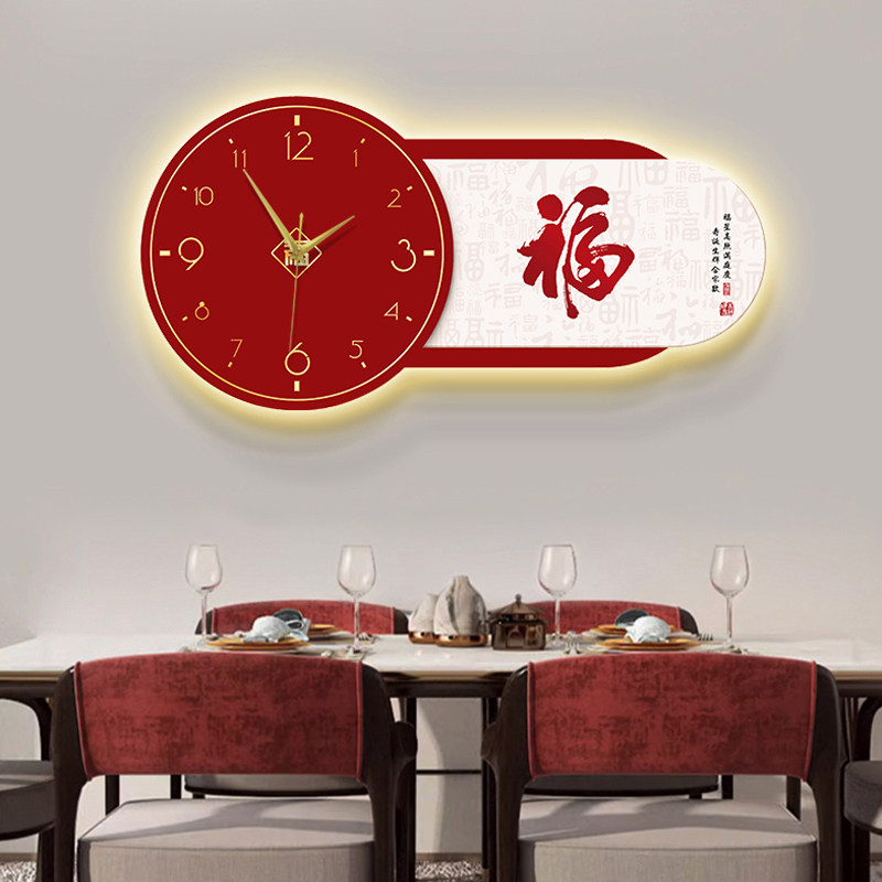 速发福字餐厅挂钟装挂画新中式春节客厅钟表饰画家用钟音饭厅时静