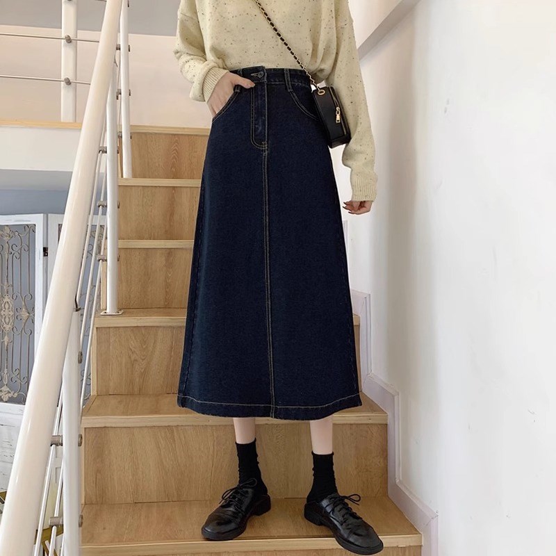 速发大蓝色牛仔裙半身裙跨码裙子高腰中长款遮深复古a字裙