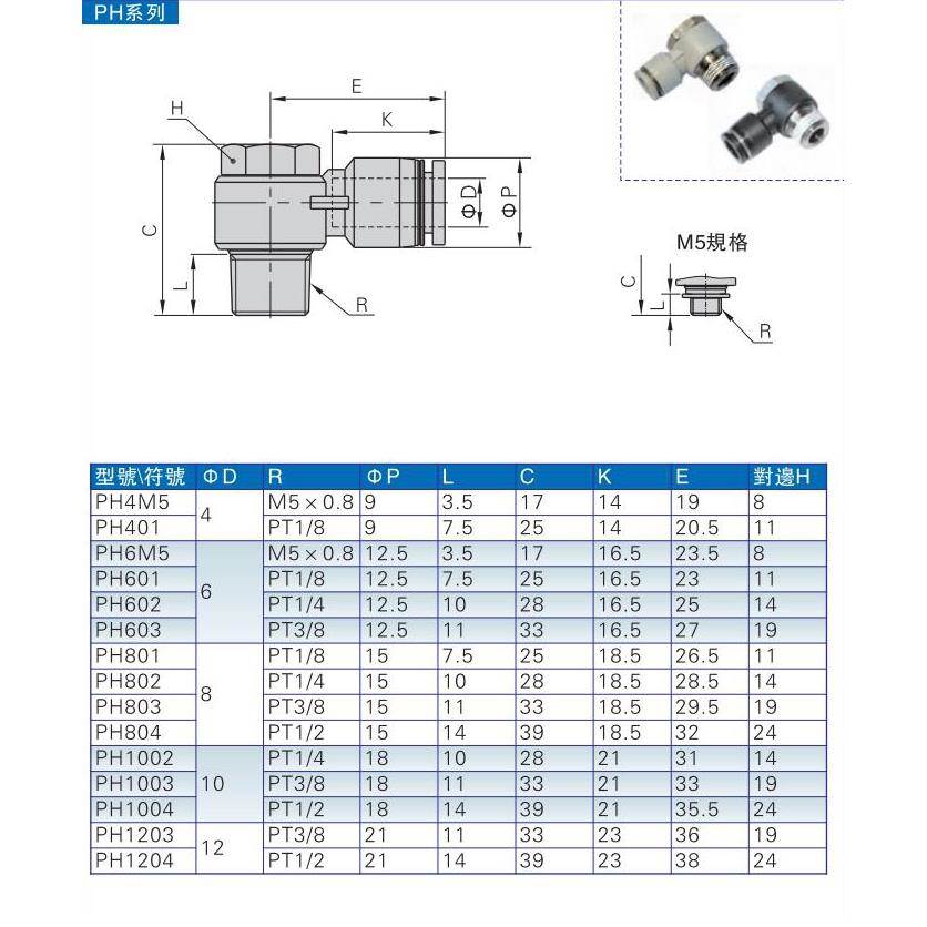 亚德客外六角肘接头PH6-M5/01/02/03-D PH6M5 PH601 PH602 AirTac