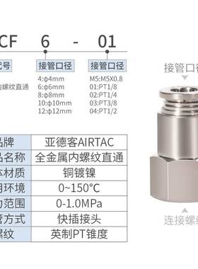 亚德客全金属内螺纹直通内牙接头BPCF4/6/8/10/12-M5-01-02-03-04