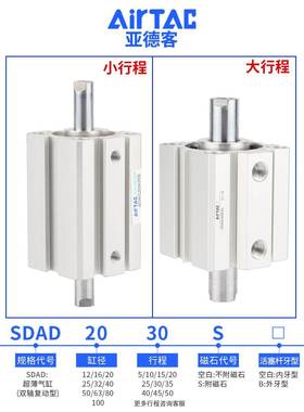 原装正品亚德客双轴覆动薄型气缸SDAD63/80/100X10X15X20X25X30S