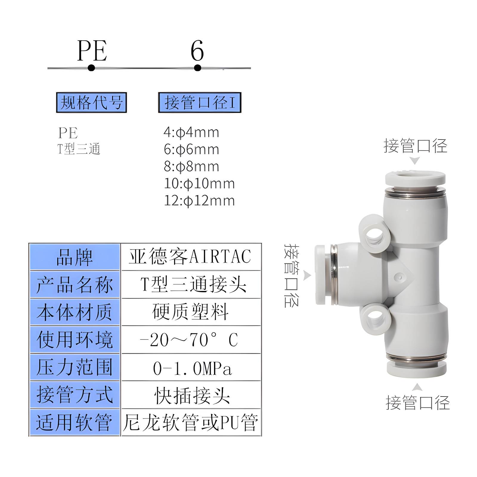 亚德客T型三通变径PEG/PEW/PE-12-10-8-6-4mm气管大小头快速接头