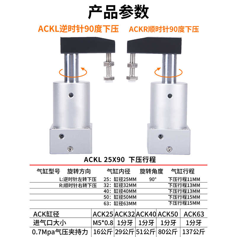 亚德客旋转夹紧气缸180度ACK/SRC/ACKL/ACKR25-32-40-50-63x90R