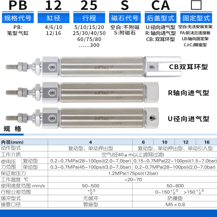 原装亚德客正品笔型气缸PB4*6*10*12**16X5X10X15X20X25X100SU