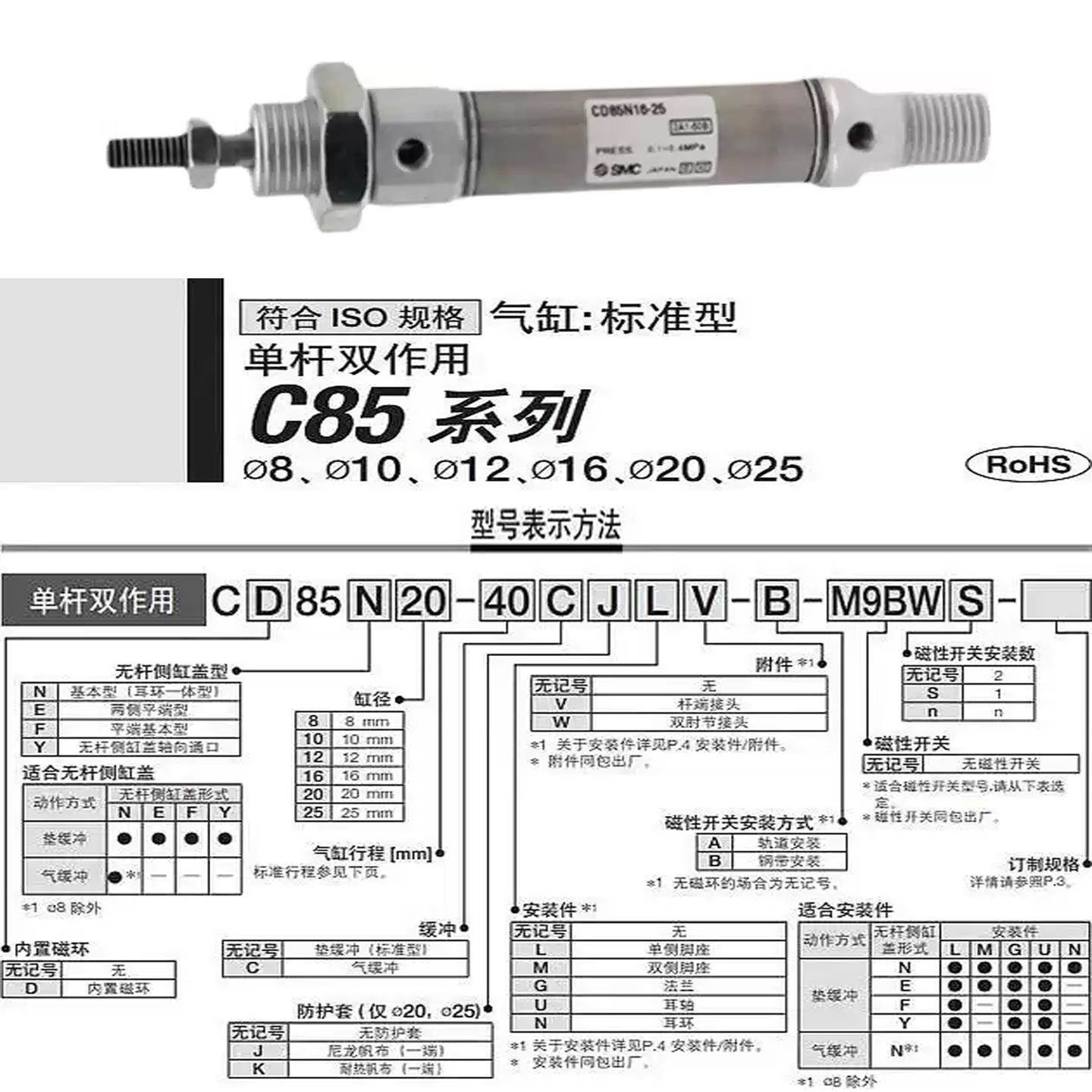 C85N不锈钢迷你气缸CD85N10/16/20/25-15X30X40X60X75X80X100-C