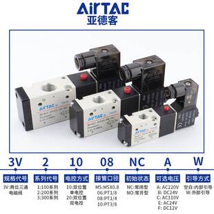 亚德客两位三通外部引导气动电磁阀3V210-08-W/NC气阀NO电子阀24V