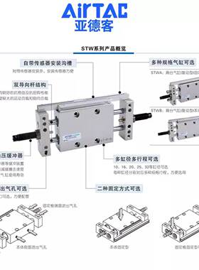 亚德客双杆滑台气缸STWB10X25S 16X50S 20X75S 25X100S 125S-150S