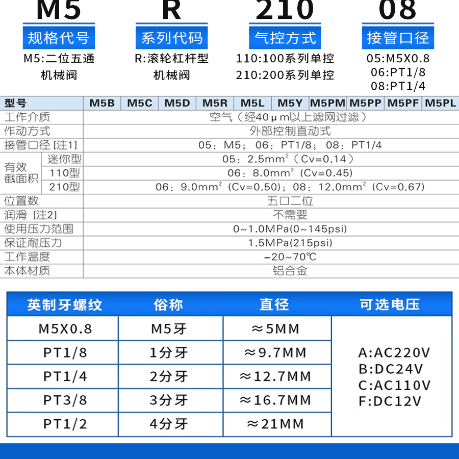 AirTAC亚德客M5R21008 M3R210-08 M5R210-08滚轮型杠杆型机械阀