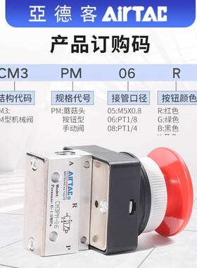 AirTAC亚德客蘑菇头按钮阀CM3PM06R/CM3PM06G/CM3PM06B/CM3PM06Y