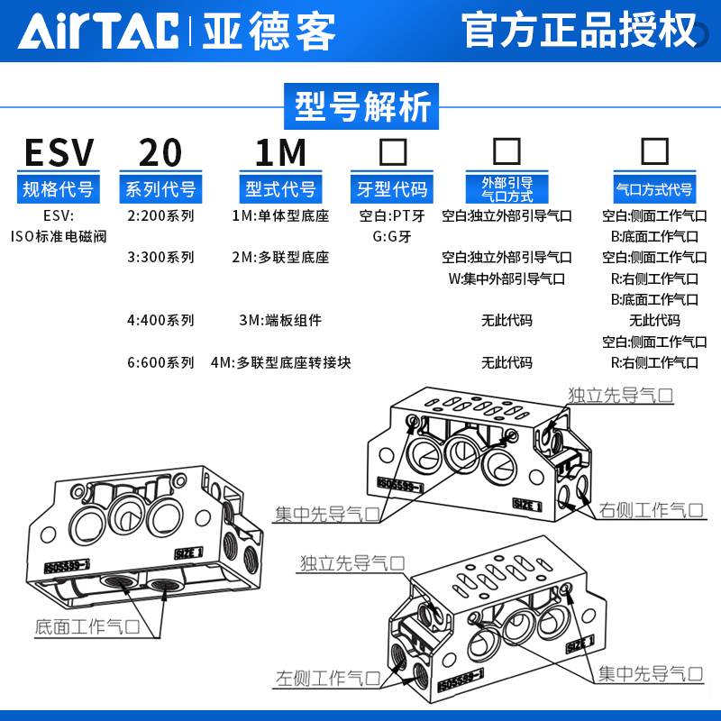 原装亚德客ISO标准esv电磁阀底座ESV201M/301M/401M/601M阀座