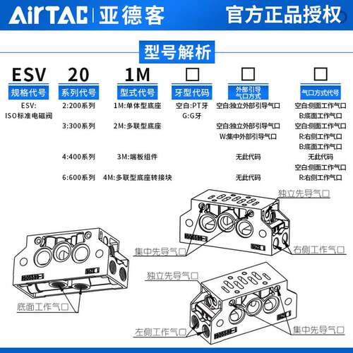 原装亚德客ISO标准esv电磁阀底座ESV201M/301M/401M/601M阀座