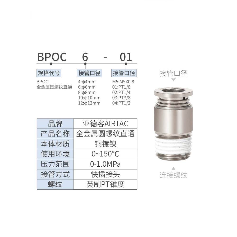 亚德客全金属直通接头耐高温接头BPOC4/6/8/10/12-M5-01-02-3-4
