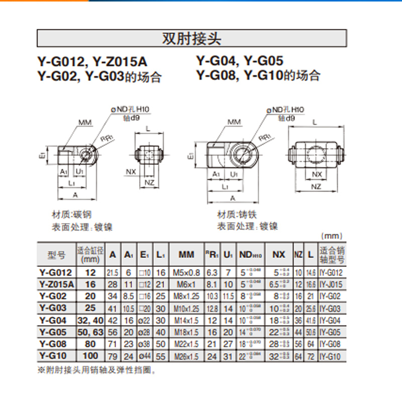 CQ2B/CQ2A薄型气缸用双肘接头Y-G012 Y-G02 Y-G03 Y-G04 Y-G05