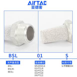 亚德客304不锈钢消声器宝塔BSL平头降噪BSLM气动静音器接头-01/02