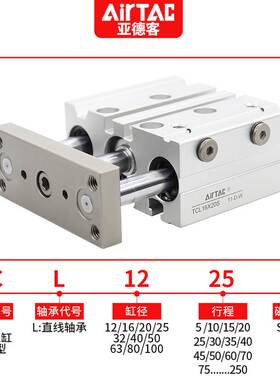 亚德客三轴三杆气缸TCL20X25X30X40X50X60X70X75X80X90X100X125-S