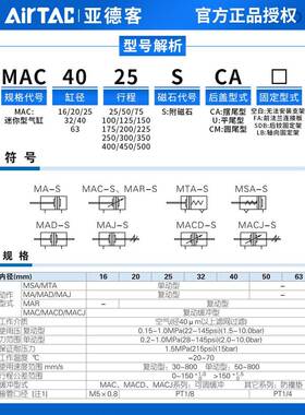 亚德客带缓冲迷你气缸MAC40/25X50X75X100X125X150X175SU/SCA/SCM