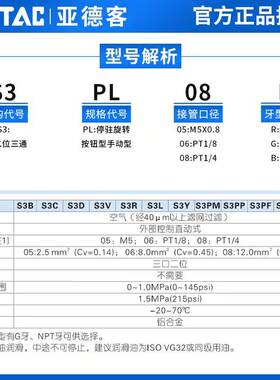 airtac亚德客机械阀S3PL-M5/06/08R停驻旋转按钮型手动阀控制阀