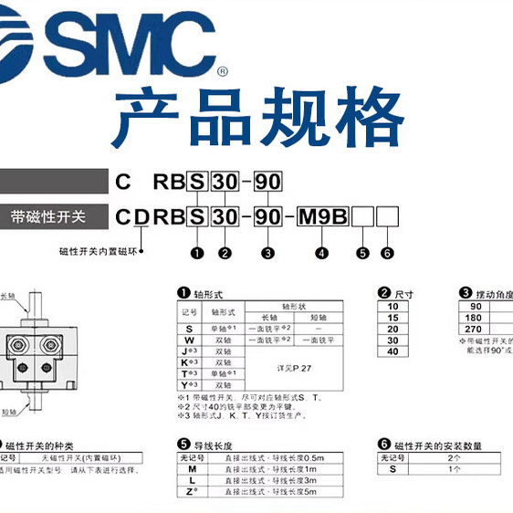 SMC气动叶片式旋转摆动气缸CRBS/CDRBS10-15-20-30-40-90度/180度