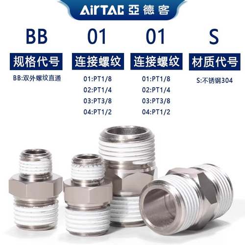 亚德客304接头不锈钢外牙螺纹直通BB0101-S BB0202-S BB0303-S