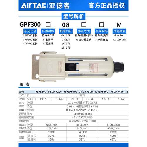 原装亚德客油雾分离器 GPF200/GPF300/GPF400-06/08/10/15-A-D/M