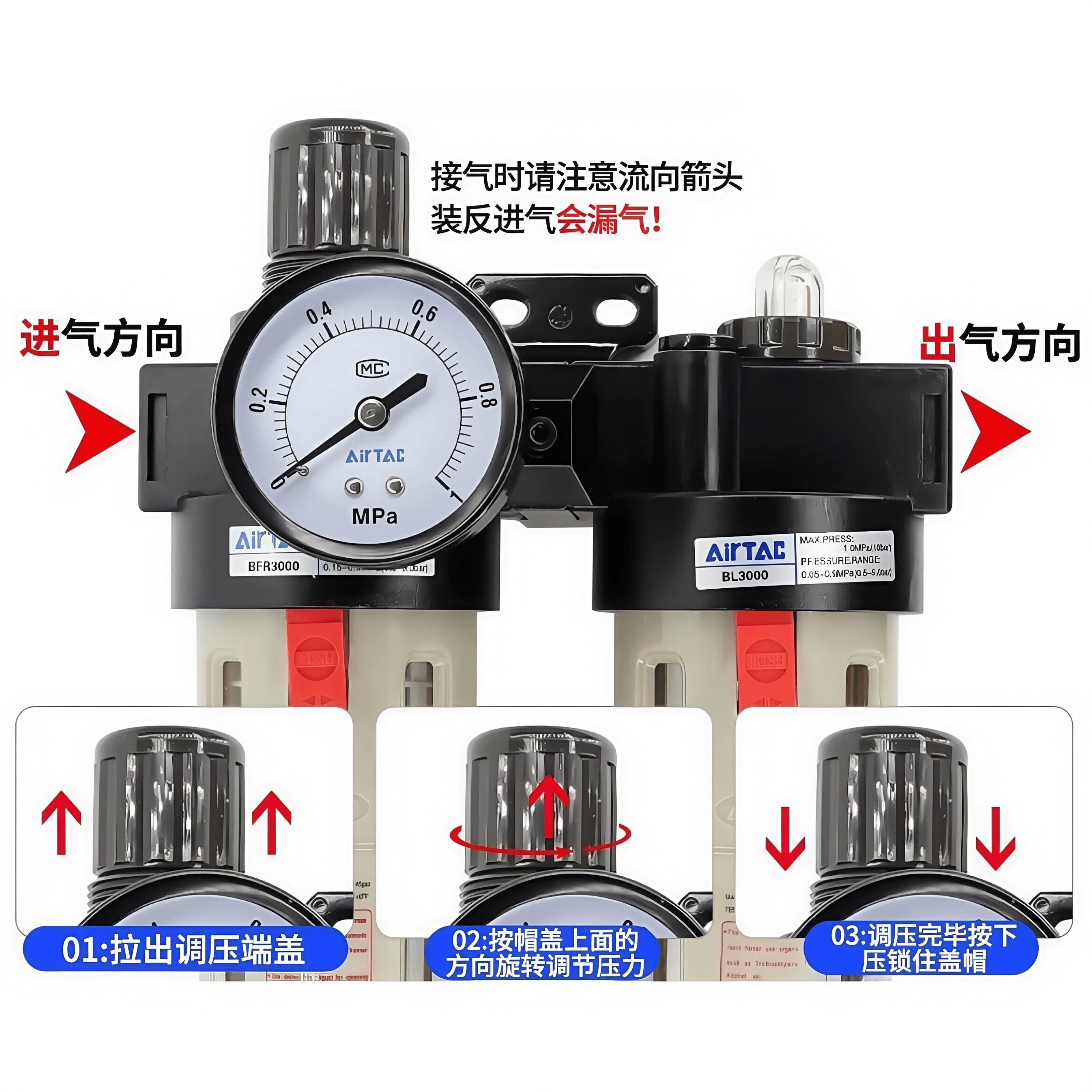 亚德客AIRTAC二联件 AFC15001/20001 BFC20001/30001/40001压力表