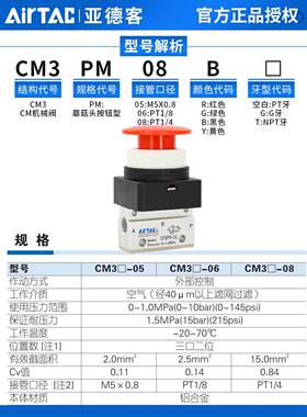 亚德客机械阀CM5PM/CM3PM05/06/08R蘑菇头按钮型手动阀控制气阀