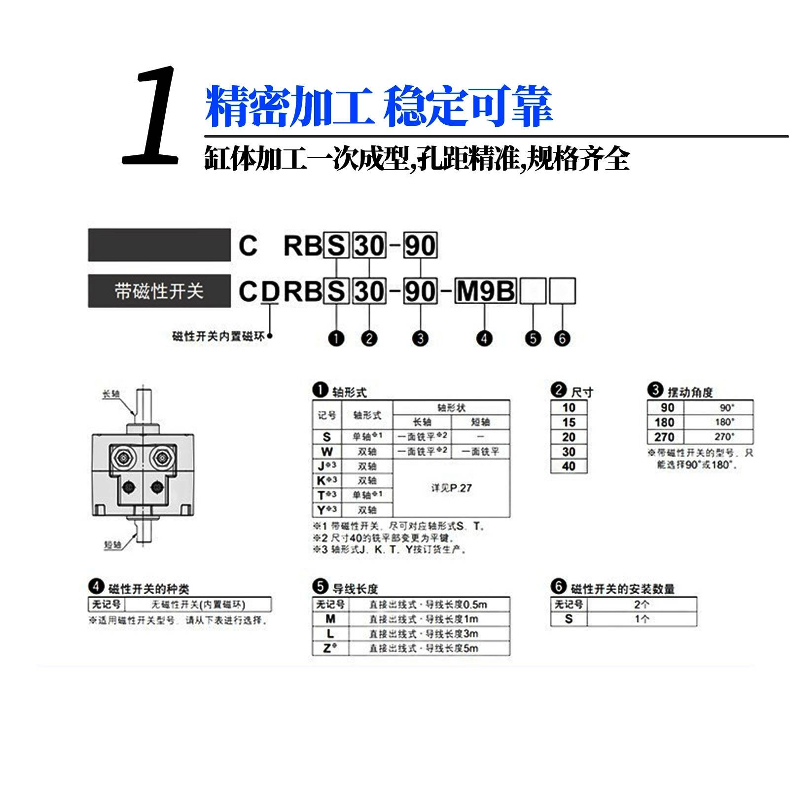 自动叶片式旋转摆动气缸CDRBS15/20/30/40-90/180度带磁SMC款