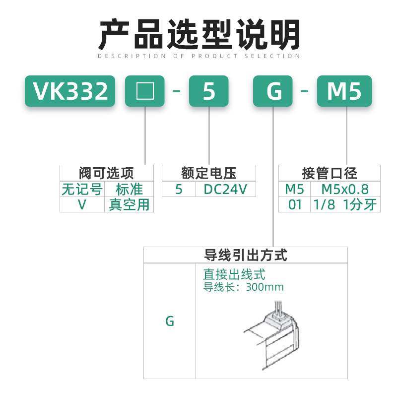 SMC气动电磁阀VK332-5G-M5二位三通24V真空负压气阀VK332V-5G-01