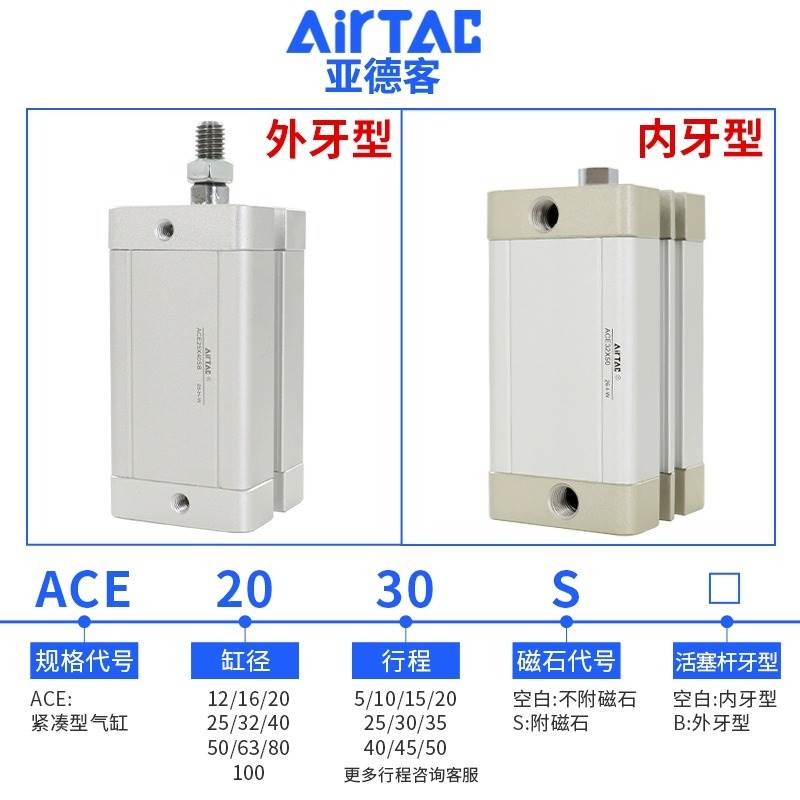 亚德客紧凑型气缸ACE12X5/10/15/20/25/30/35/40/45/50S带磁环