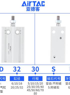 亚德客自由安装小型气缸MD25/32*5X10X15X20X25X30/35X40X45X50S