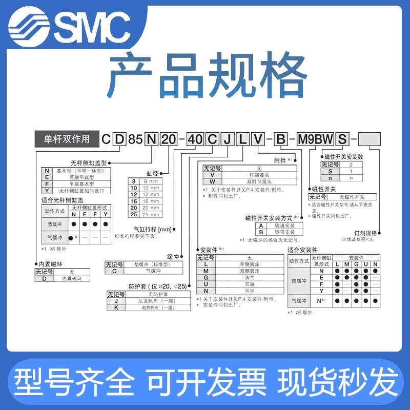 SMC不锈钢迷你气缸C85N8-10-12-25-32-40-50-80-100-125-175-200B