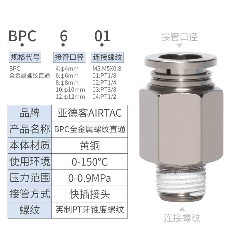 亚德客耐高温金属气动螺纹直通接头BPC4 6 8 10 12 M5 01 02 03PC