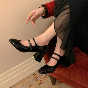 法式复古柔软羊皮玛丽珍鞋温柔优雅高跟小银鞋圆头浅口粗跟单鞋女