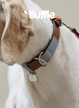 Fluffle意大利柔软牛皮宠物狗狗项圈深咖雾霾蓝拼色巴洛克复古风
