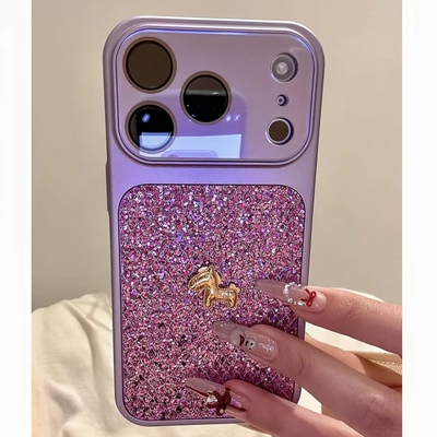 轻奢ins紫色菱格闪钻爆款秒变适用苹果17/16/15promax镜头膜手机壳iphone14pro潮牌17ProMax金色小马13大视窗
