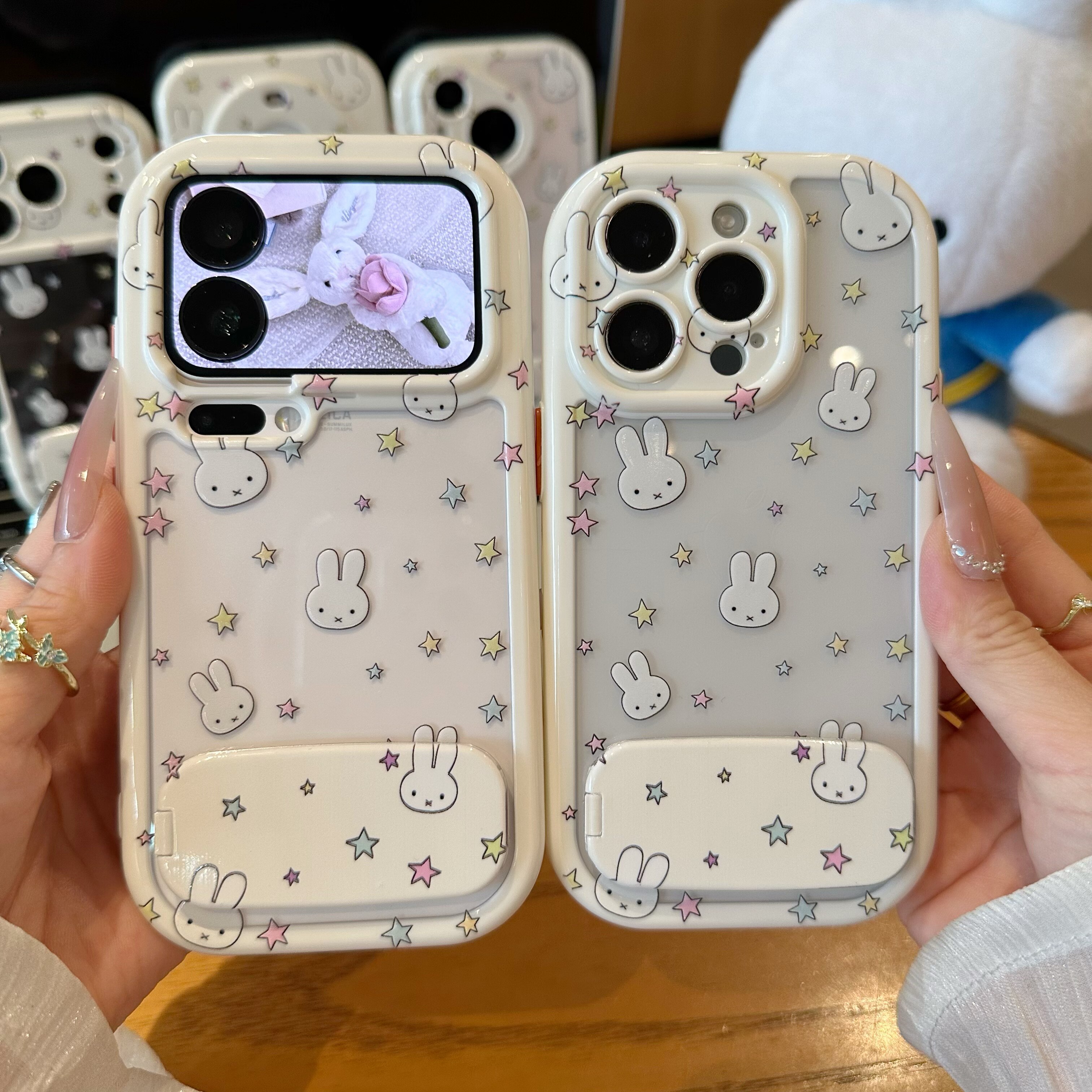 星星米菲兔适用苹果17promax镜面支架手机壳iphone16Pro新款奶油壳白色华为mate70荣耀vivox300防摔小米17pro